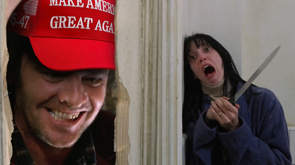 Jack Nicholson in the Shining, wearing a MAGA hat while battering down the bathroom door with an axe